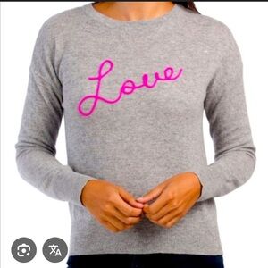 Magaschoni 100 % Cashmere Gray Sweater with Pink 'embroidered Love' Script